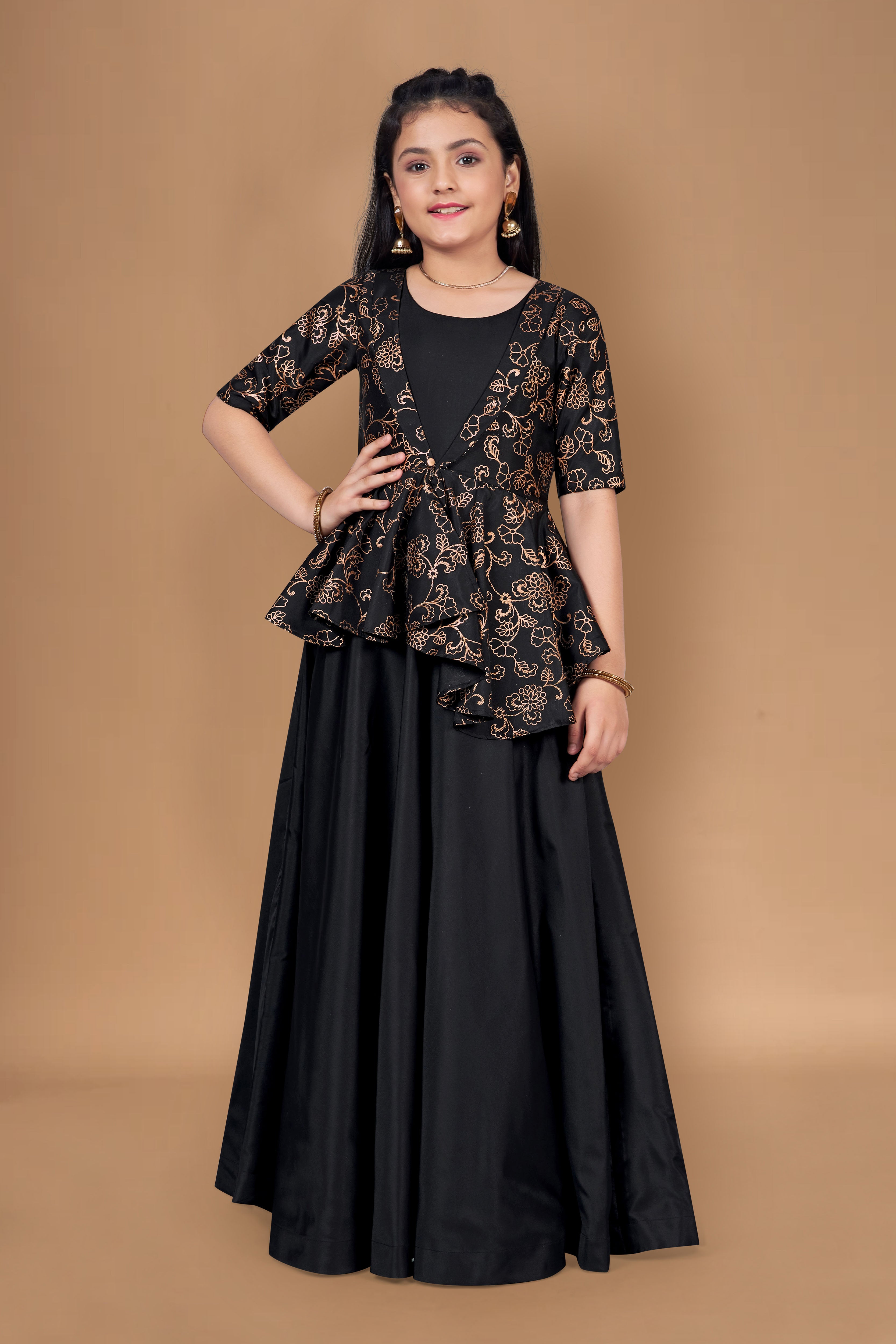 Banarasi Jacquard Silk Black Color Designer Weaving Long Gown – Amrutamfab